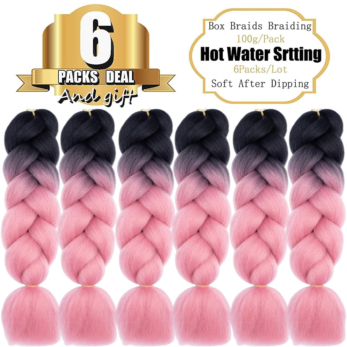 TENGSHUO FLY Ombre Braiding Hair Extensions for Women 6 Packs/24 Inch Braiding Hair Fiber Crochet Hair for Box Braids Senegal Twist Hair Extensions(24" (Pack of 6),Black to Rouge Pink)