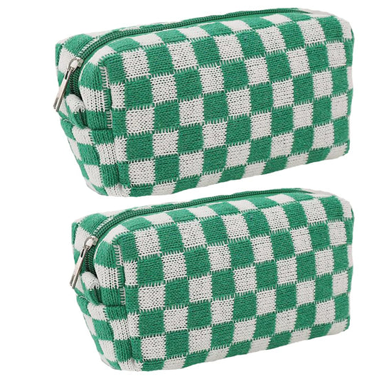 SxoSyo 2 Pcs Cosmetic Bags for Women Makeup Bag Purse Travel Toiletry Zipper Storage Pouch Make up Brushes Organizer for Gifts (Checkered, Green 2)