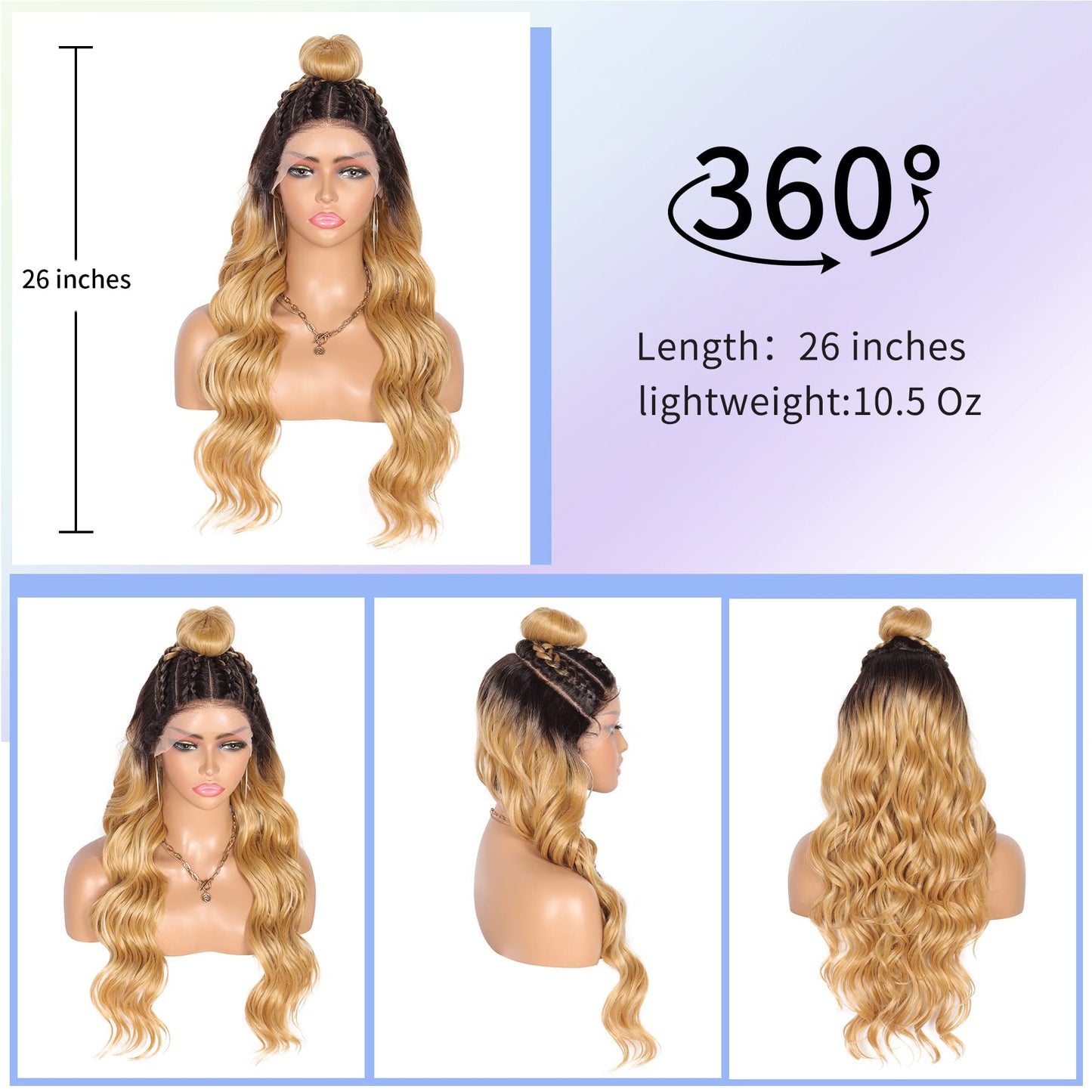 Kalyss Ombre Blonde Updo Bun Double U Part Lace Front Pre Braided Wigs with Baby Hair for Women Japan-made High Temperature Human Hair Blended Lace Frontal Ocean Wave Wigs