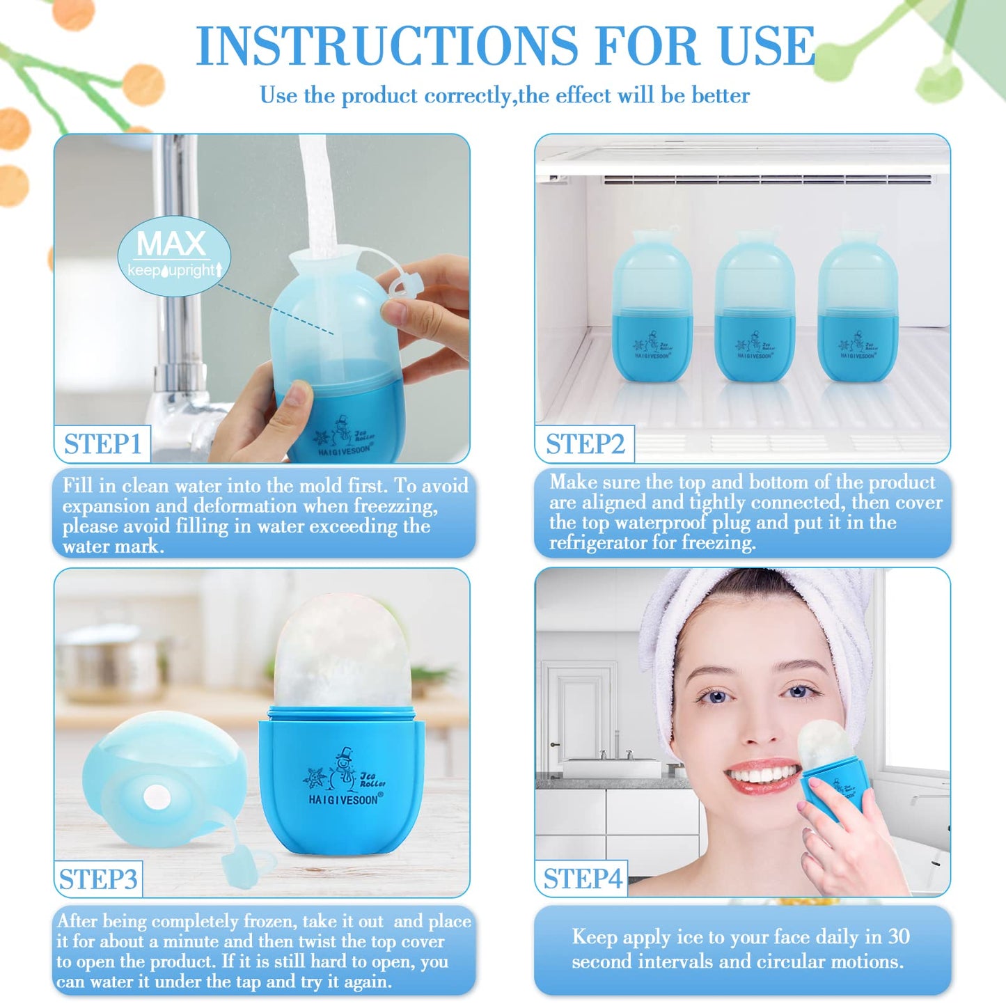 Haigivesoon Ice Roller,Facial Ice Roller Face Ice Roller for Face Eyes and Neck with Face Scrubber Sponge (BLUE)