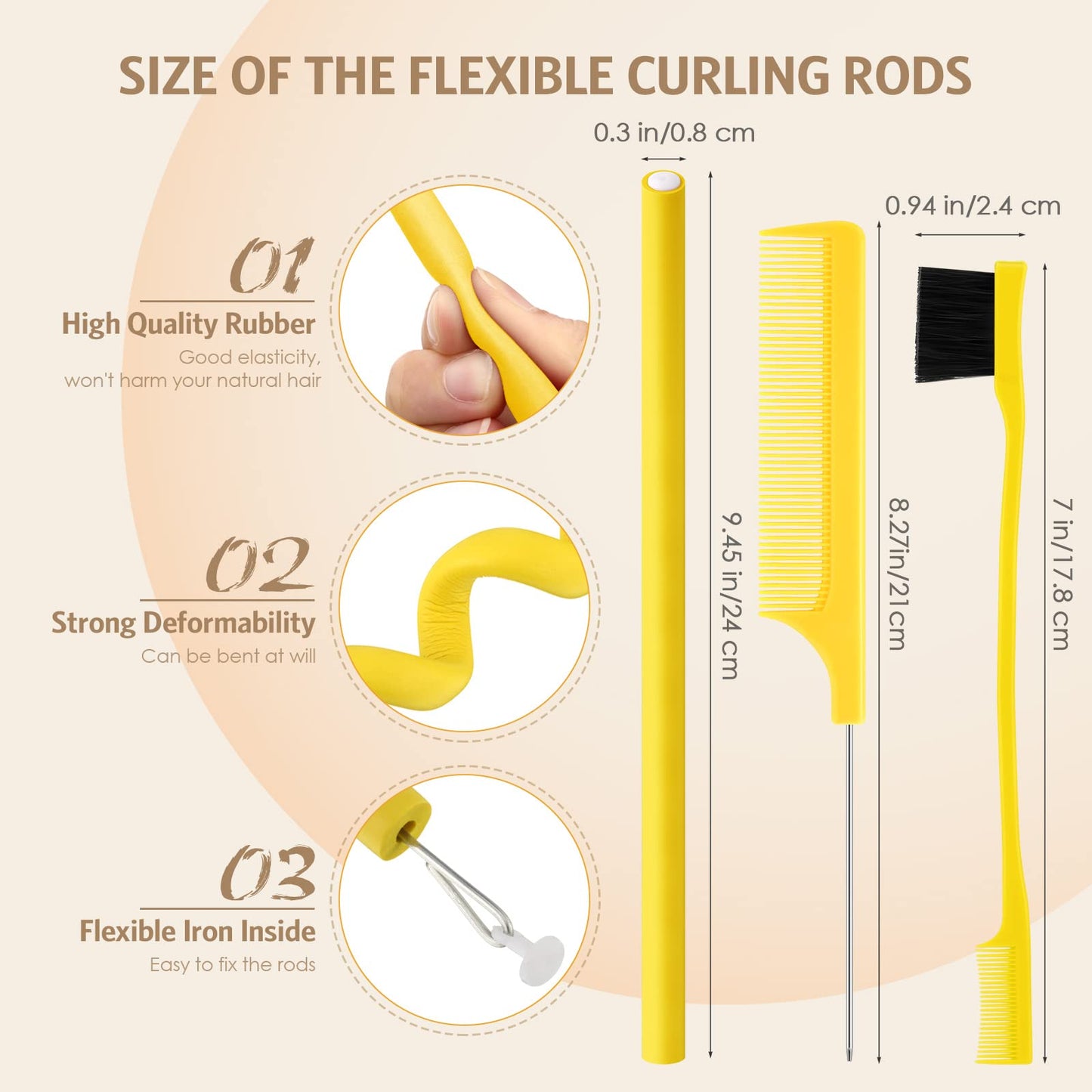 64 Pieces Flexible Curling Rods Hair Twist Flexible Rod Foam Curler Roller with Hair Edge Brush and Comb for Women Girl Short Medium Long Hair (Yellow, 0.8 x 24 cm)