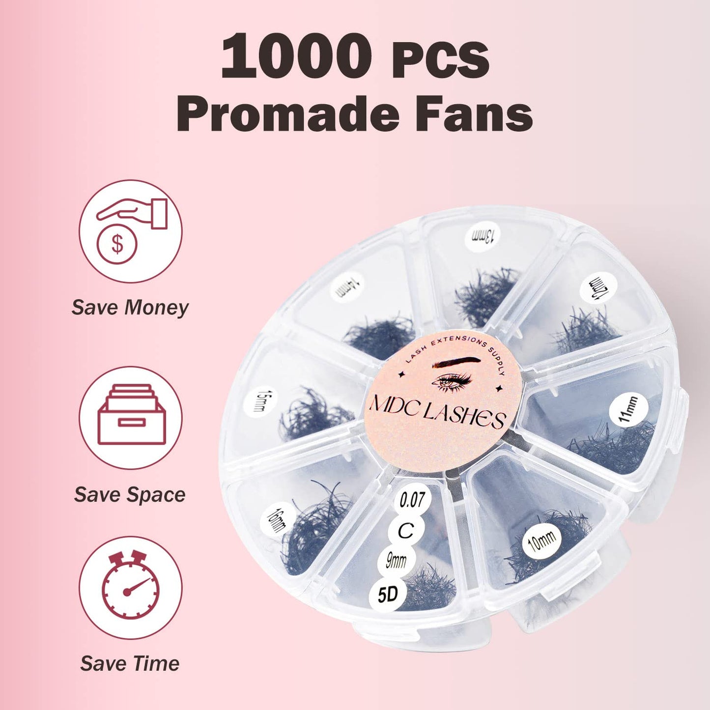 MDC LASHES Promade Eyelash Fans Mix Length 1000 Fans Volume Lash Extensions 8D-16D, C D Curl, 9-16mm Length, 0.05-0.07 Short Stem Promade Premade Pre Pro Loose Fans Eyelash Extension, Easy Application