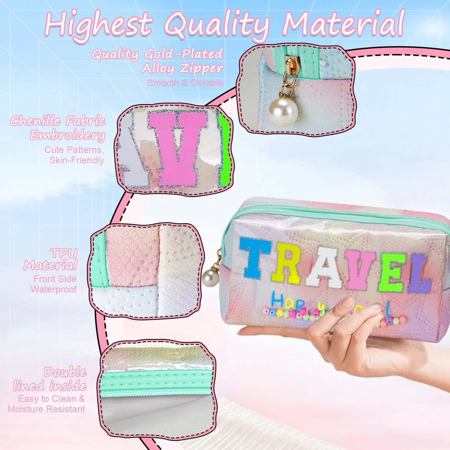 Pretty Coloreful TRAVEL Letter Patch Preppy Makeup Bag, Large Capacity Travel Makeup Bag Accommodate More Makeup & Toiletries, Daily Use & Travel Use Beautifully Designed Makeup Bag for Girls & Women