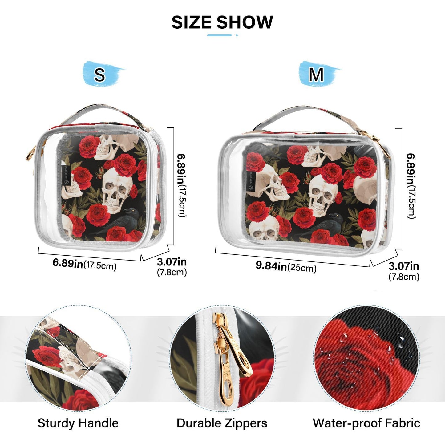 MNSRUU Clear Makeup Bags Red Rose Skull Toiletry Bag for Women 2 PCS Waterproof Clear Bags Clear Travel Toiletry Bag Small Cosmetic Makeup Bag, Carry on Airport Airline Compliant Bag