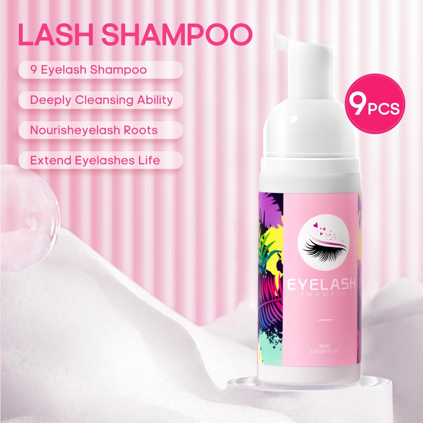 Buqikma Lash Shampoo 60ml*9 Eyelash Extension Cleanser Rich Foam Lash Cleaning Kit Lash Shampoo for Lash Extensions Bulk Lash Bath Eyelash Shampoo for Home Salon Use