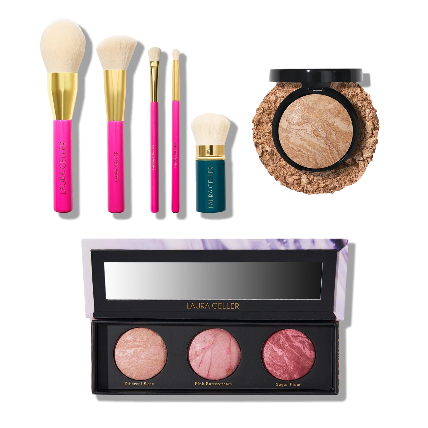 LAURA GELLER NEW YORK Baked Balance-n-Brighten Powder Foundation, Medium + Geller's Greatest Brush Trio + 5pc Full Face Makeup Brush Set | Amazon Exclusive |