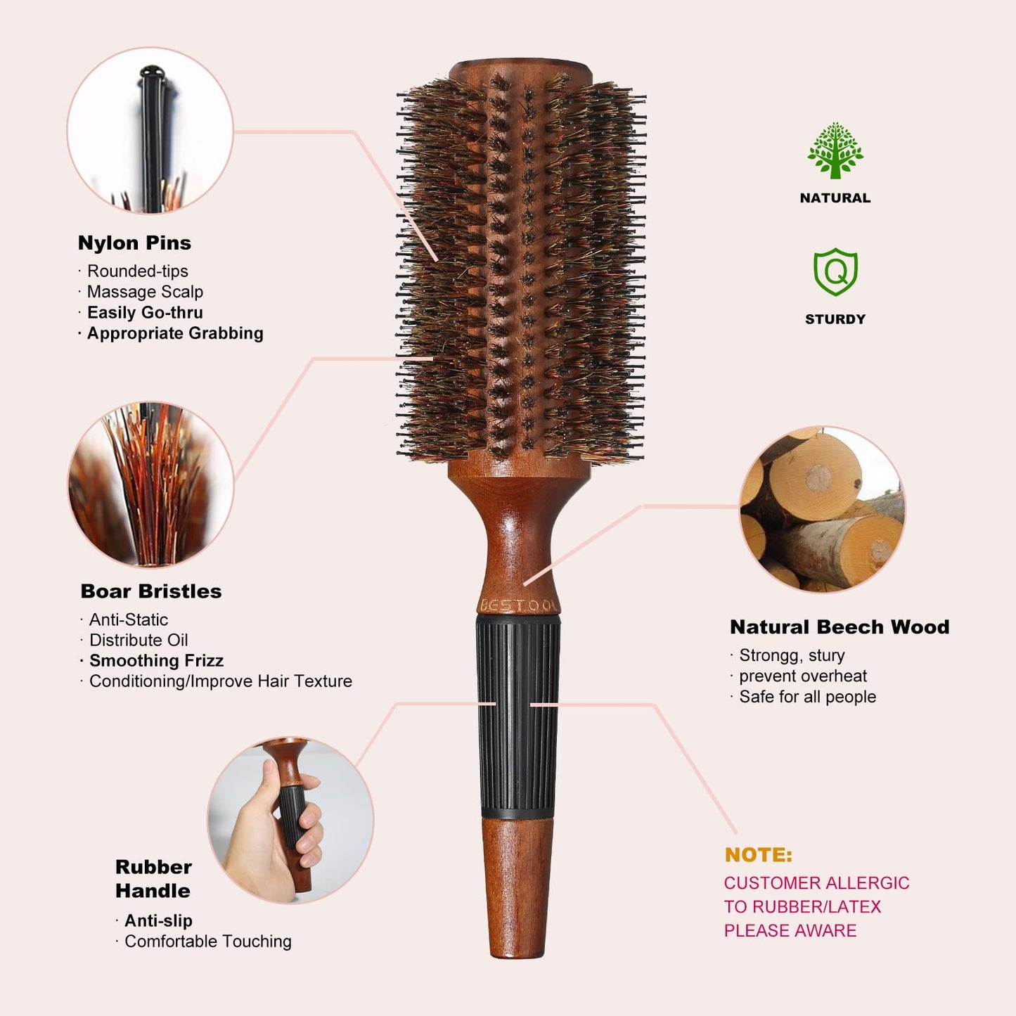 BESTOOL Round Brush for Blow Drying, Round Hair Brush for Women or Men, Boar Bristle Large Round Hairbrush for Quick Blowout, Add Shine/Volume, Minimize Damage (2.8 Inch)