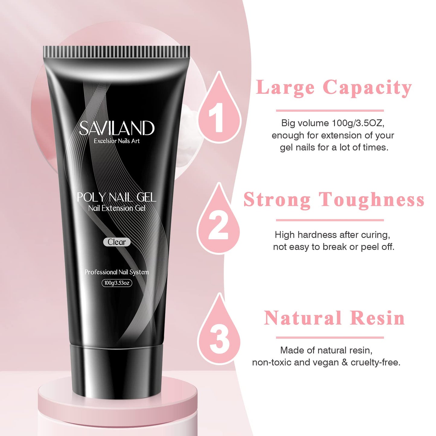 Saviland Large Capacity Poly Gel: 100g Clear Nail Extension Gel Crystal Poly Hard Gel Easy at-Home For Starter Salon-Like Long Lasting Poly Nail Gel Beginner Gift