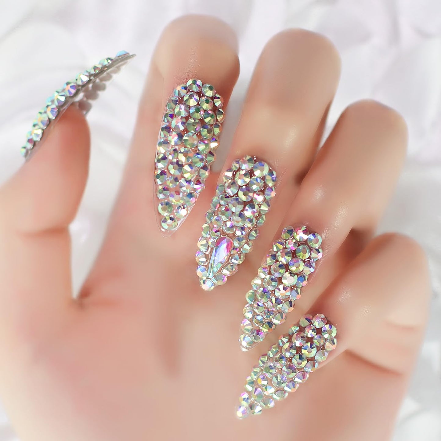 Elevenail Press on Nails Full Cover Luxurious 3D Crystal False Nails Super Extra Long Stiletto Diamonds Art Decoration Fake Nails Manicure Kit Nail Art Tips Gift for Women Girls Wedding Party