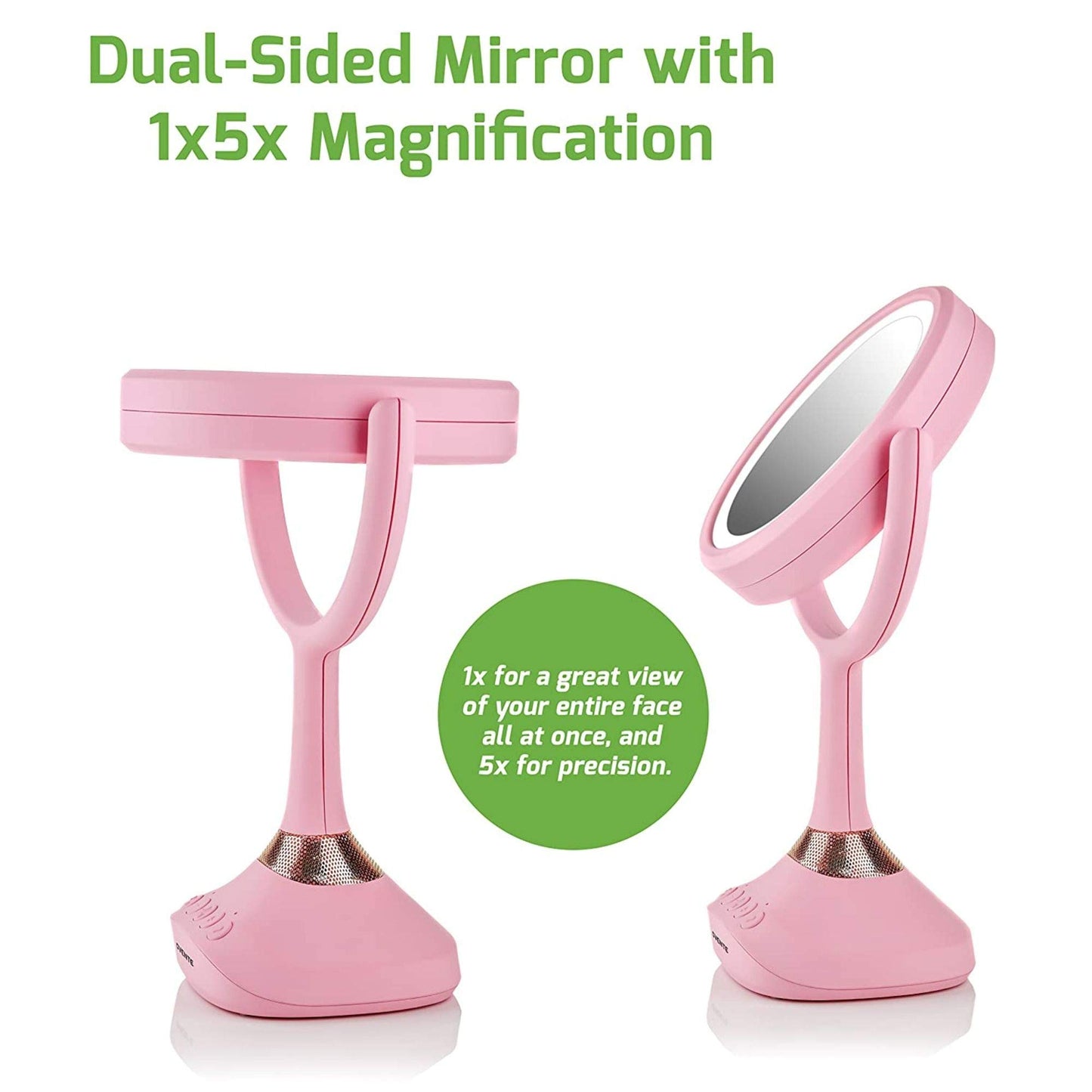 Ovente Lighted Vanity Mirror, Table Top, 360 Degree Spinning 6'' Double Sided Circle LED 1X 5X Magnifier with MP3 Audio, Built-in Wireless Speaker, Rechargeable, USB Operated, Baby Pink MRT06P1X5X