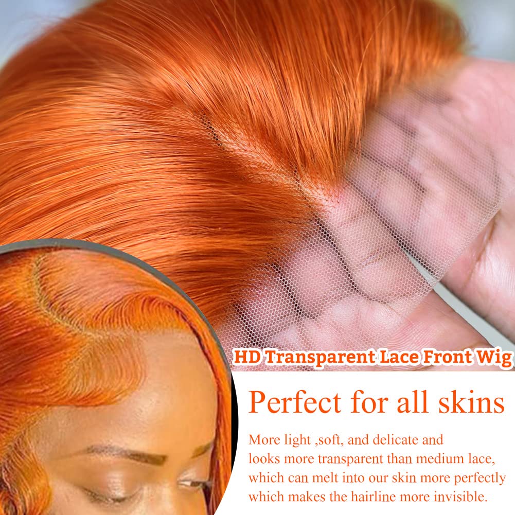 Hevgf 14 inch Ginger Lace Front Wigs Human Hair Ginger Orange Straight Human Hair Wig 13x4 Hd Lace 88j Colored Wigs Human Hair Pre Plucked With Baby Hair For Woman 180% Density