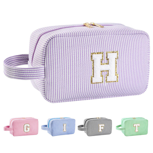 Huifen Personalized Initial Makeup Bag A-Z, Travel Toiletry Bag Cute Makeup Pouch Cosmetic Bag Preppy Make Up Bag Large Makeup Organizer Bags Birthday Gifts for Women Girls Friends (Purple, H)