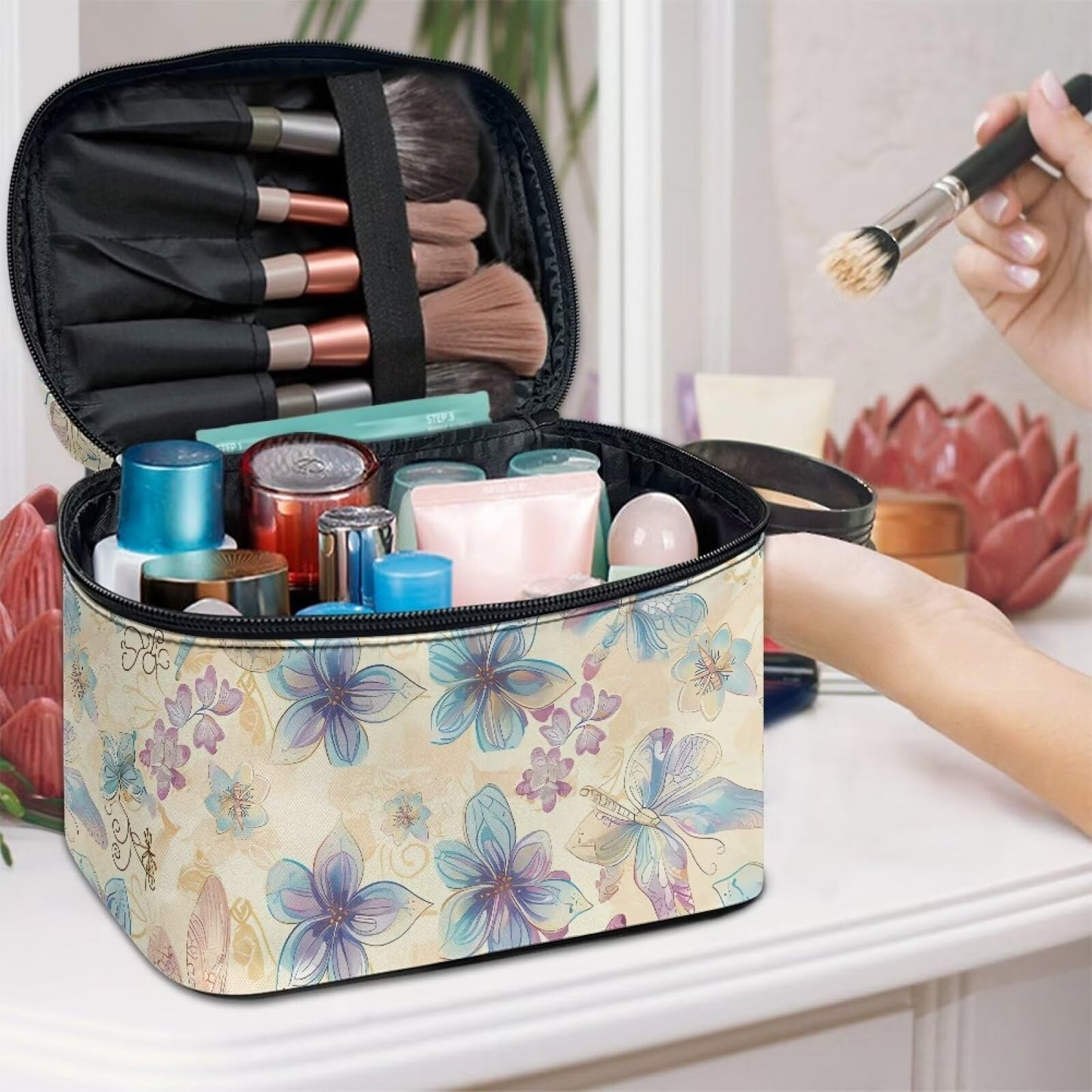 Psaytomey Cosmetic Bags Dragonfly Flower Printed Makeup Organizer Case for Women Ladies Multifunctional Toiletry Bursh Holder Purse Bathroom Receive Bag