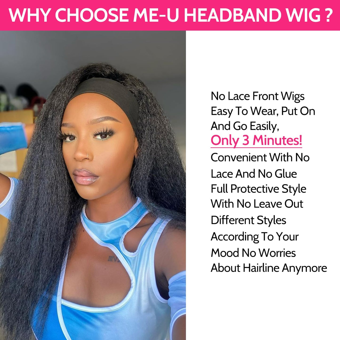 ME-U Headband Wig Human Hair Kinky Straight Guleless Wigs for Black Women Wear and Go 180% Density Yaki Straight Wig No Lace Natural Black Color 24 Inch