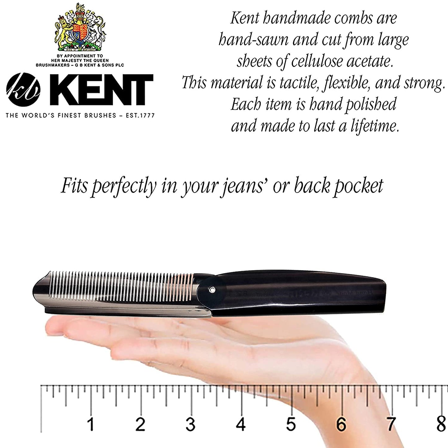 Kent 82T Handmade Folding Pocket Comb for Men, Fine Tooth Hair Comb Straightener for Everyday Grooming Styling Hair, Beard or Mustache, Use Dry or with Balms, Saw Cut Hand Polished, Made in England