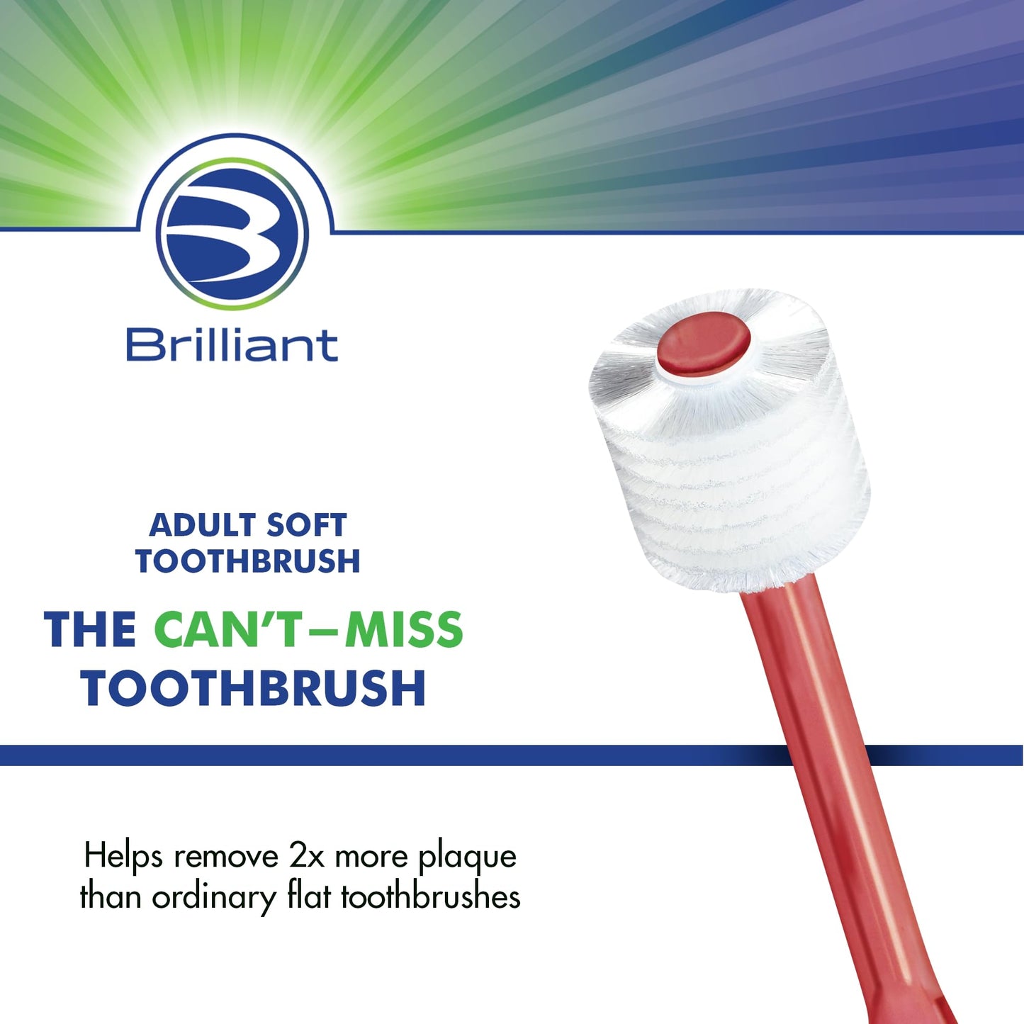 Brilliant Oral Care Adult Toothbrush with Soft Bristles, Round Head, and All-Around Clean for Teeth and Gums, Red, 6 Pack