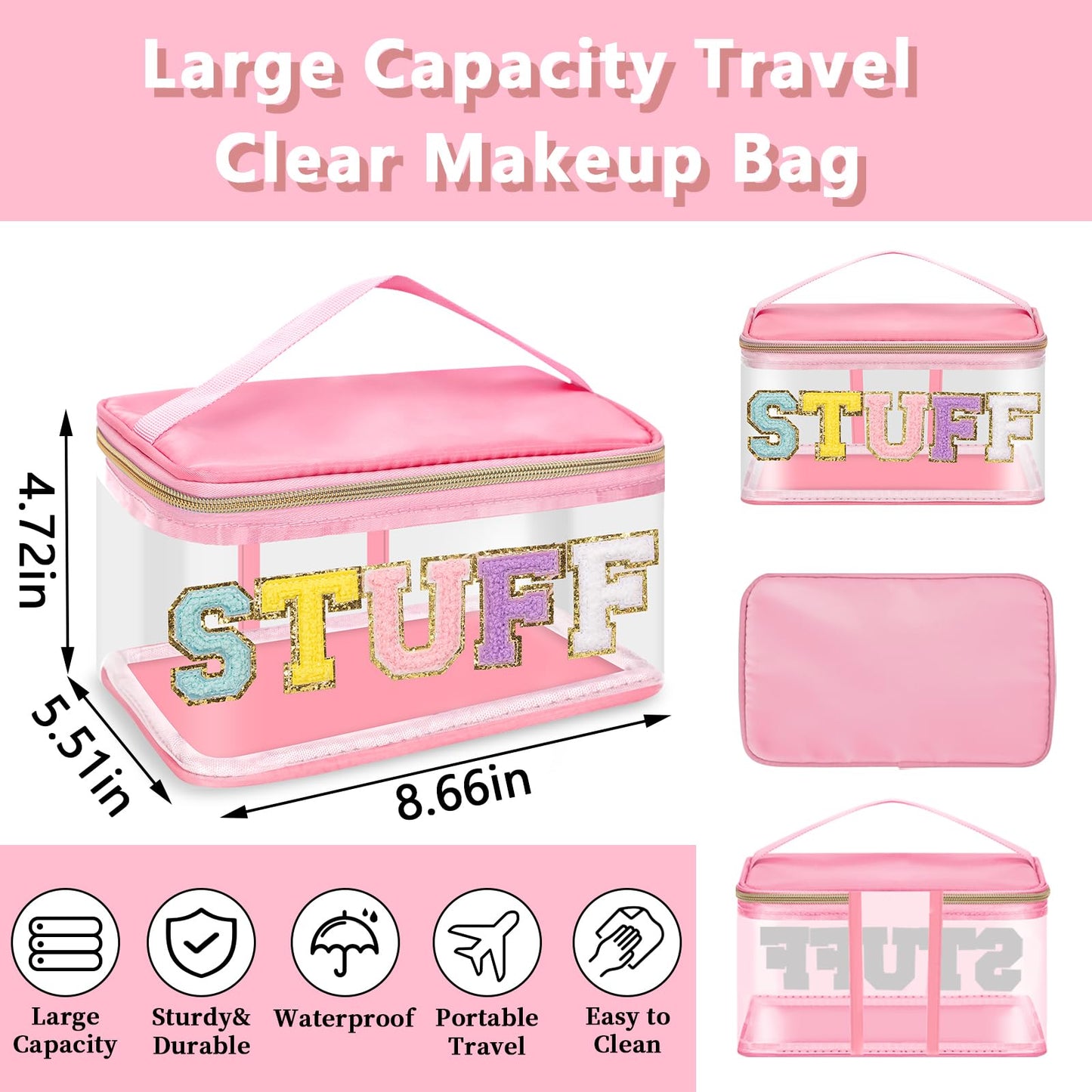 Chenille Letter Patches Clear Makeup Bags Stuff Purse Pouch, Preppy Nylon Large Cosmetic Toiletry Storage Bag with Handle Zipper, Waterproof PVC Portable Makeup Travel Pouch for Women Girl(Pink-STUFF)