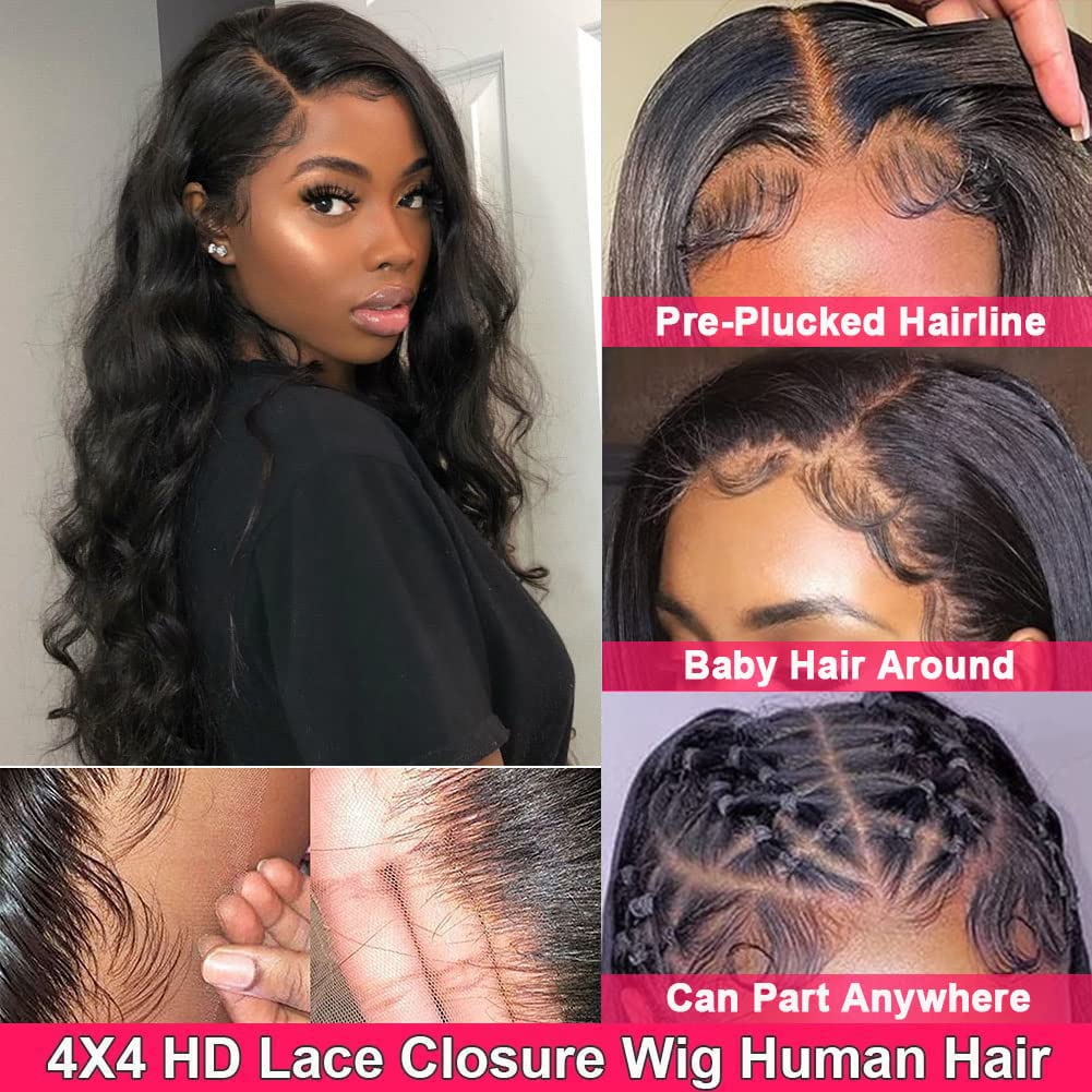 Queen Story Body Wave Lace Front Wig 4x4 HD Lace Front Wigs Human Hair Pre Plucked with Baby Hair Glueless Wigs Human Hair (18inch)