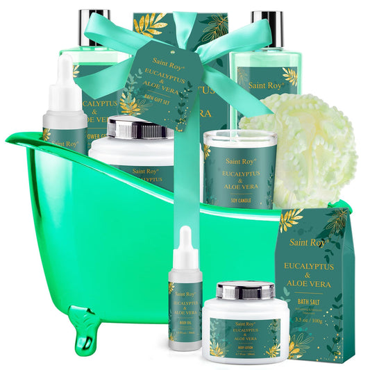 Fathers Day Bath Spa Gift Set Eucalyptus & Aloe Vera Spa Basket Kits for Women and Men, Contains Essential Oil, Bubble Bath, Body Lotion, Bath Salt, Soy Candle, Best On Valentine's Day, Mother's Day