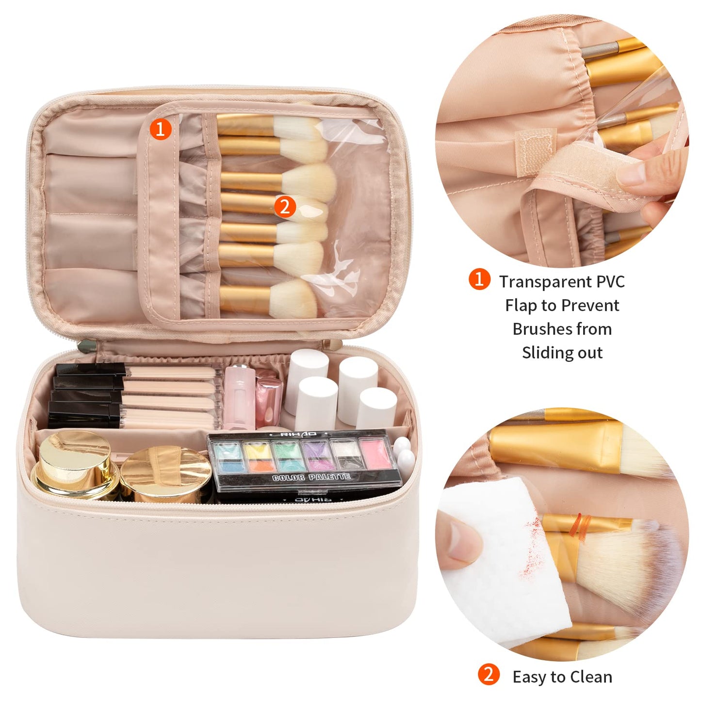 OCHEAL Makeup Bag, Portable Cosmetic Bag, Large Capacity Travel Makeup Case Organizer, Makeup Bags For Women Toiletry Bag for Girls Traveling With Handle and Divider- Beige