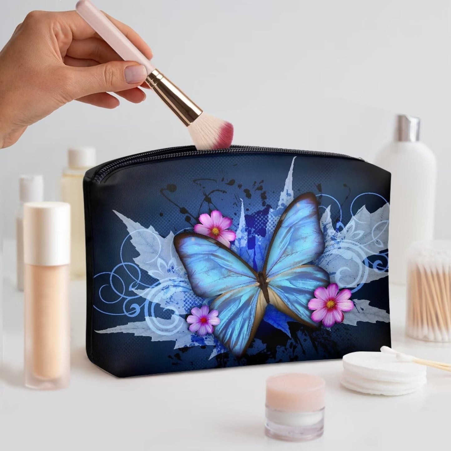 ELEDIZI Blue Butterfly Makeup Bag Leather Lipstick Case Portable Toiletry Pouch Purse Size Cosmetic Bags for Women Waterproof Makeup Brush Pouch Aesthetic Clutch Wallet Birthday Day Gifts for Her