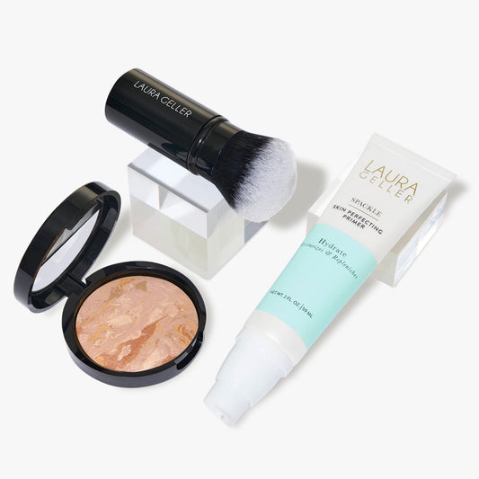 LAURA GELLER NEW YORK Face the day Kit (3 PC) - Balance-n-Brighten Foundation, Fair + Spackle Skin Perfecting Primer, Hydrate + Airbrush Round Kabuki Brush