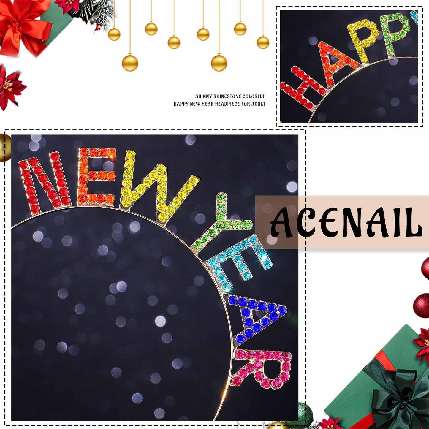 Acenail Happy New Year Headband Rhinestone Happy Holiday Headpiece New Year’s Eve Headbands Festival Party Supplies Headwear Holiday Hair Accessories for Women Girls (A-Colorful)