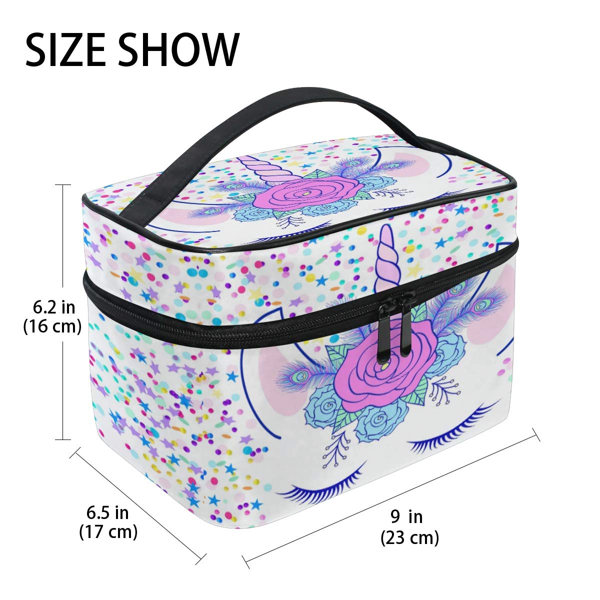 ZOEO Makeup Train Case Cream Unicorn Head Cute Cat Eye Star Korean Carrying Portable Zip Travel Cosmetic Brush Bag Organizer Large White Elephant Gift for Girls Women