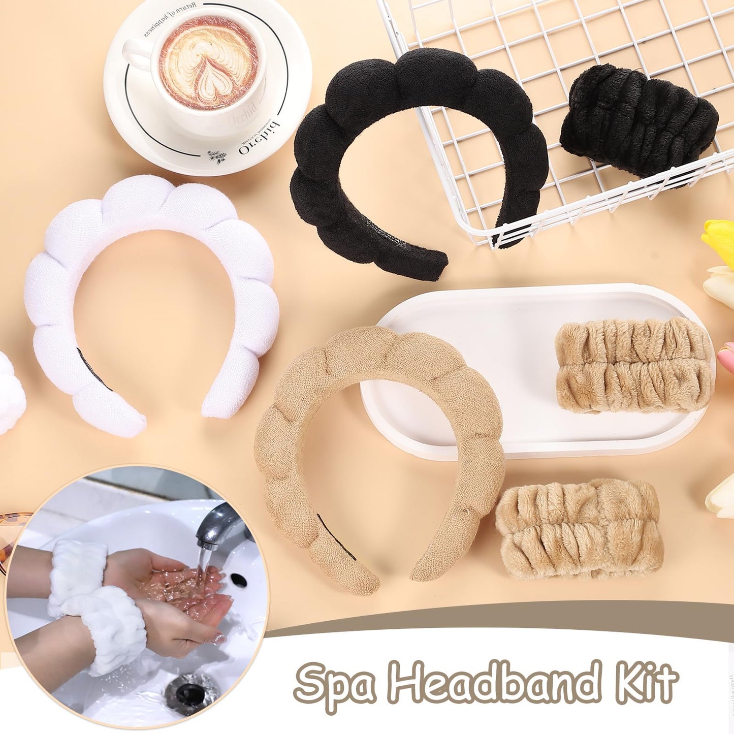 Skincare Headbands for Women, Headband for Washing Face 3 Pack Spa Headband and 6 Pack Wrist Washband Set Sponge Terry Cloth Headbands