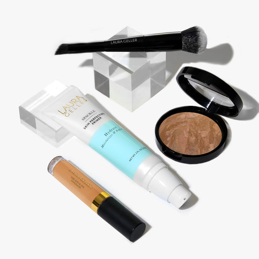 LAURA GELLER NEW YORK Mature Skin Basics Kit - Sand: Baked Balance-n-Brighten Foundation, Ideal Fix Liquid Concealer, Golden Med+Spackle Makeup Primer, Hydrate + Dual-Ended Foundation/Concealer Brush