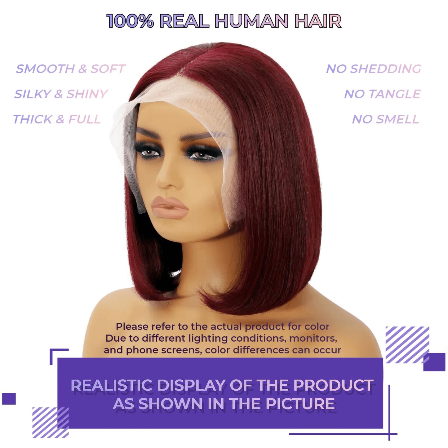 BOELYNN 99j Burgundy Bob Wig Human Hair 13x4 Lace Frontal 100% Real Hair Shoulder Length Wig 180% Density Dark Red Bob Wig Short Human Hair Wigs for Black Women Elastic Band Attached Inside 12 Inch