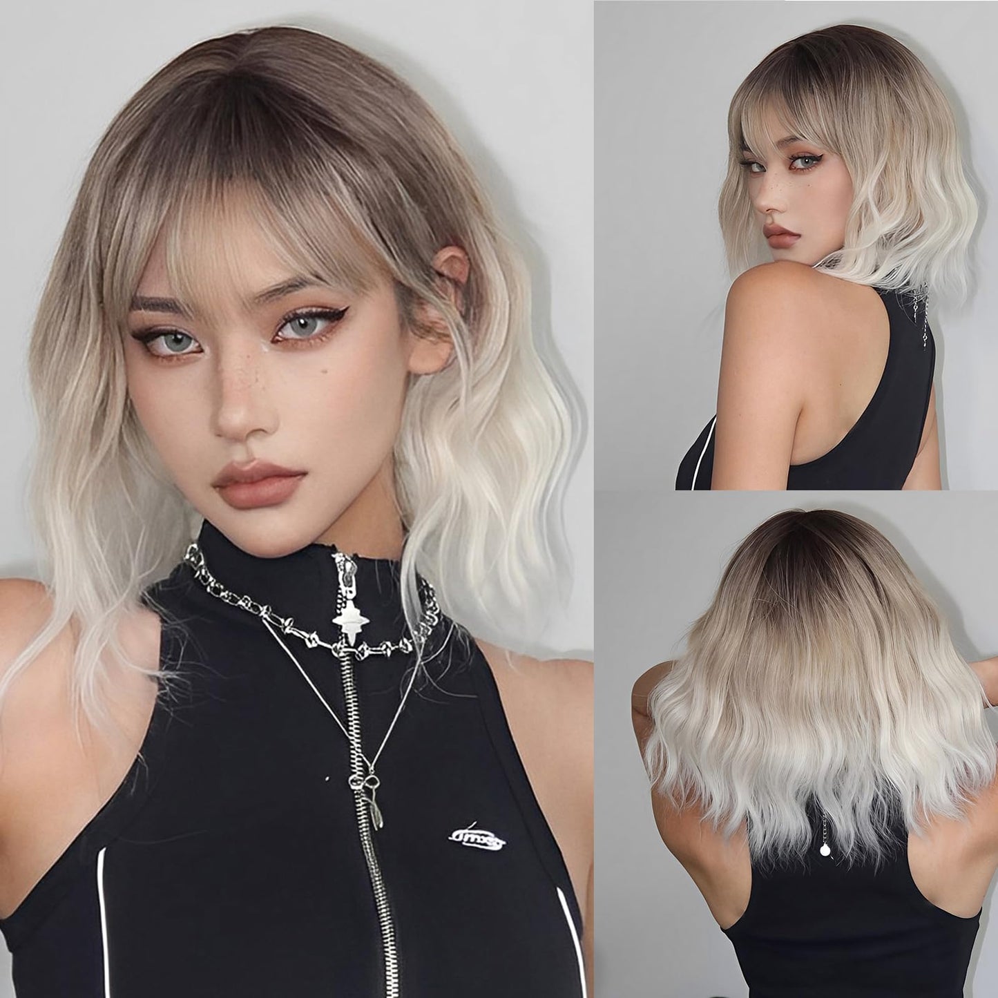 Allbell Short Ombre Blonde Wigs Wavy Bob Wig with Bangs Women Synthetic Curly Pastel Bob Wig for Girl Colorful Cosplay Wigs(Brown-Blonde-White)