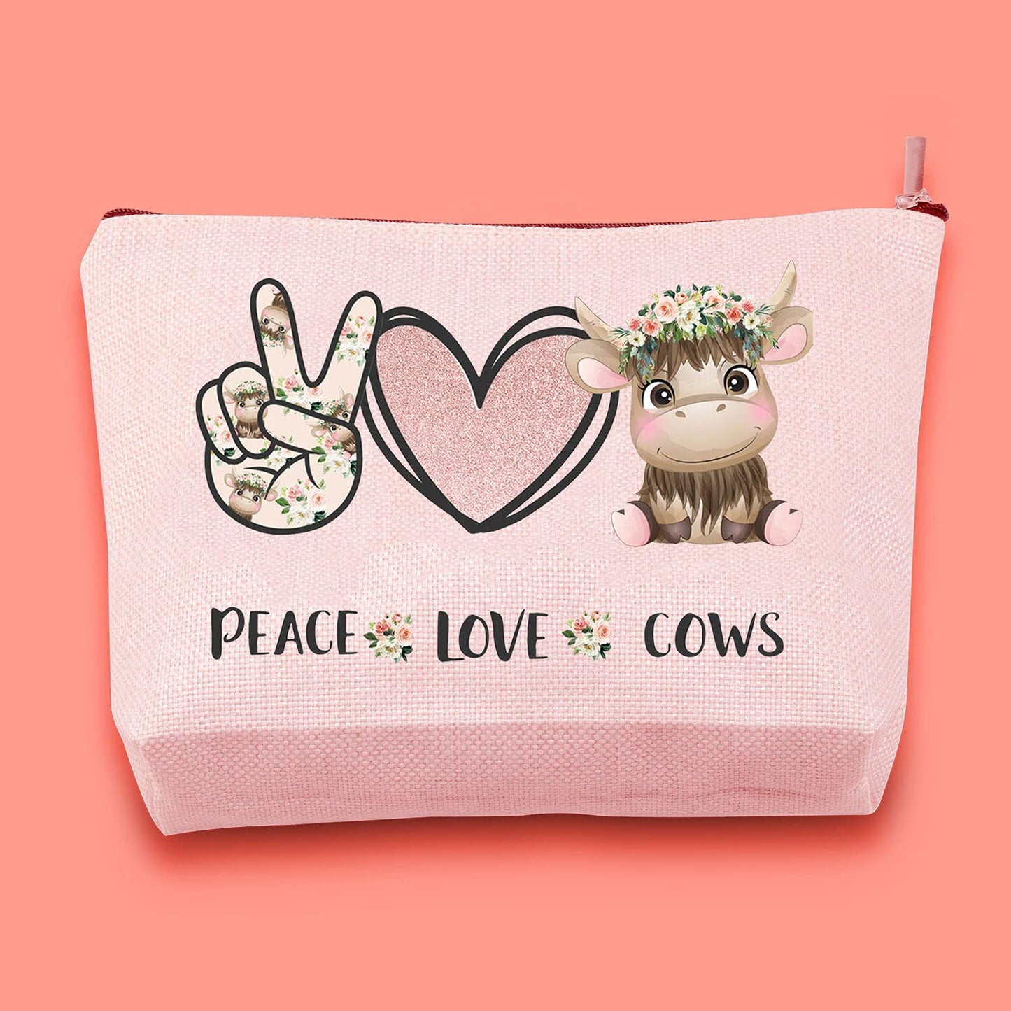 JXGZSO Cow Pattern Makeup Bag Peace Love Cows Cosmetic Bag With Zipper Cow Gift For Cow Lover Cattle Owner Animal Lover