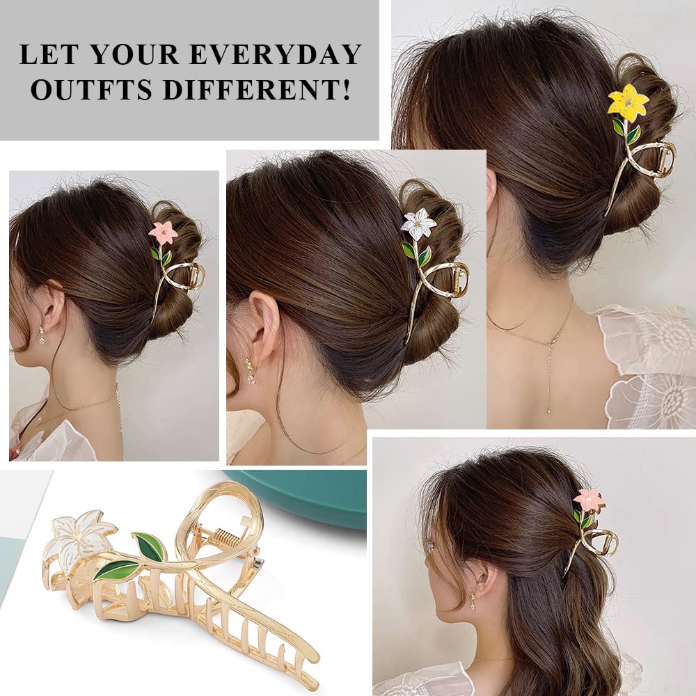 Hair Clips Flower Claw Clips Flower Clips for Women Cute Claw Clips for Thick Hair Large Pink Yellow Flower Hair Clip Metal Gold White Floral Hair Accessories Banana Clip Summer Hair Decorations 3Pcs