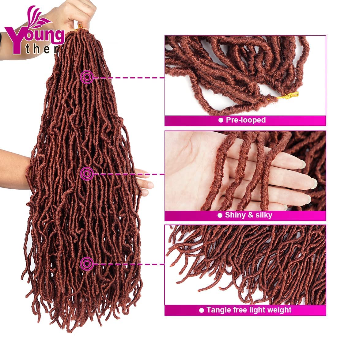 Youngther 18 inch New Faux Locs Crochet Hair Curly Wavy 6 Packs Crochet Faux Locs Hair Synthetic Crochet Hair for Black Women (18inch #350）