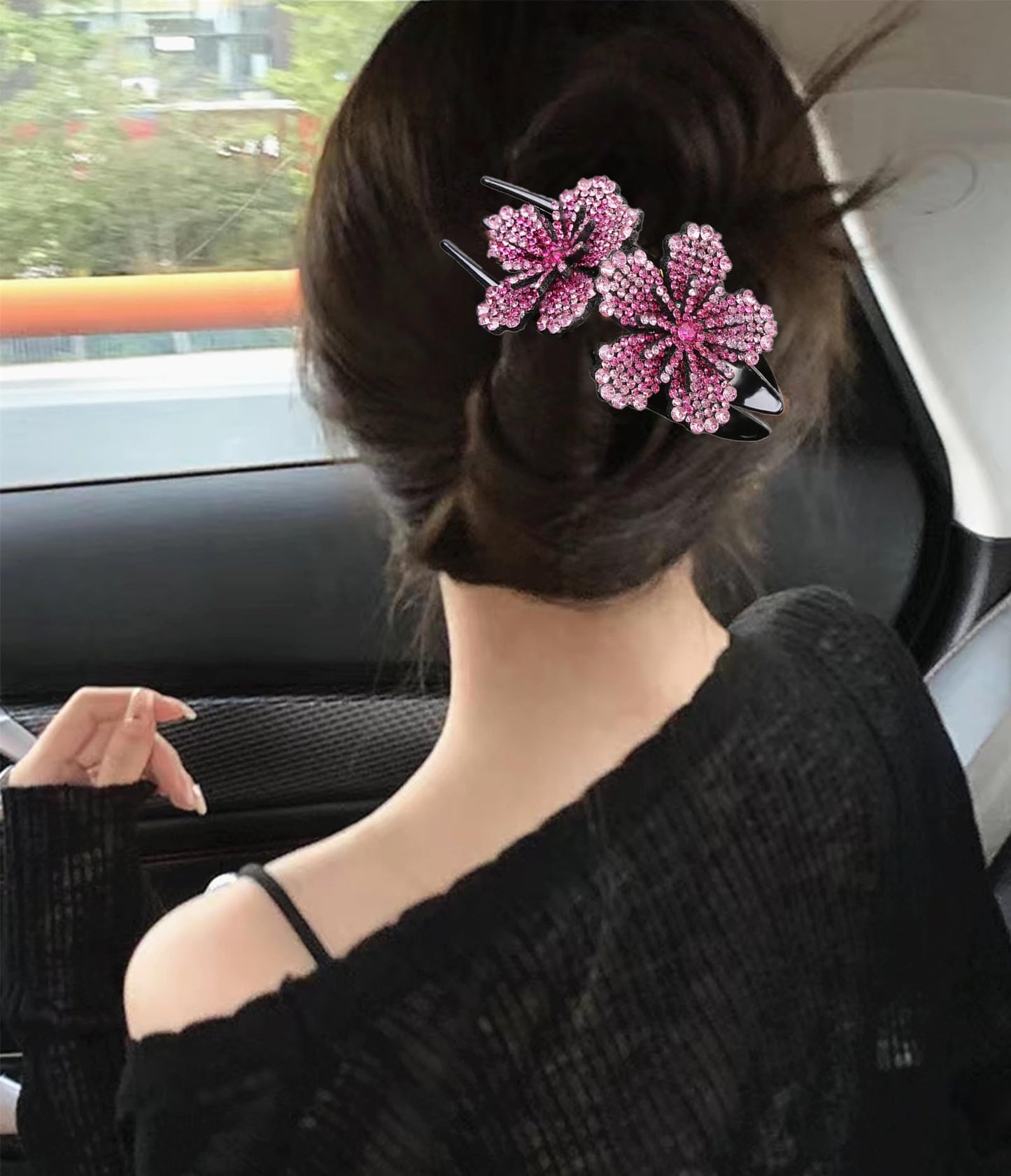 5 PCS Double Flower Rhinestone Hair Clip Elegant hair Accessories Long Hair Adult Hair Jewelry For Women Crystal Thick Hairpin