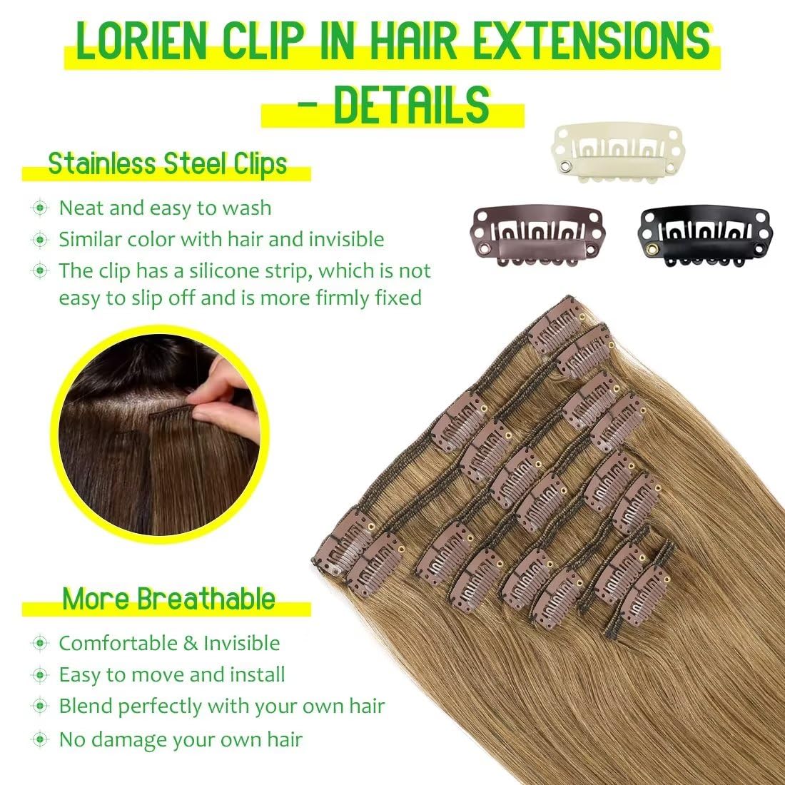 LORIEN Clip in Hair Extensions Real Human Hair 90g Clip in 100% Human Hair Extensions 8pcs Per Set with 18Clips Double Weft (22 Inch, 6 Medium Brown)