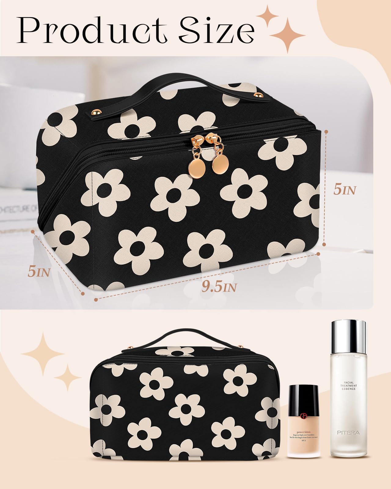 Bistup Makeup Bag Travel Cosmetic Bag Toiletry Make Up Bags Cute Women Large Capacity Big Medium Leather Black Flower Floral Aesthetic Girl Teen Teenage Square Foldable Expandable Open Flat Zip