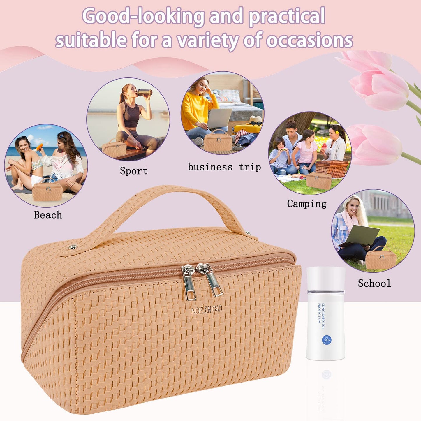 Large Capacity Travel Makeup Bag for Women,Portable Cosmetic Bag , New Popular PU Leather Waterproof Cosmetic Bag,Travel Makeup Bag With Handle and Divider Makeup Organizer Easy Access. (Light Brown)