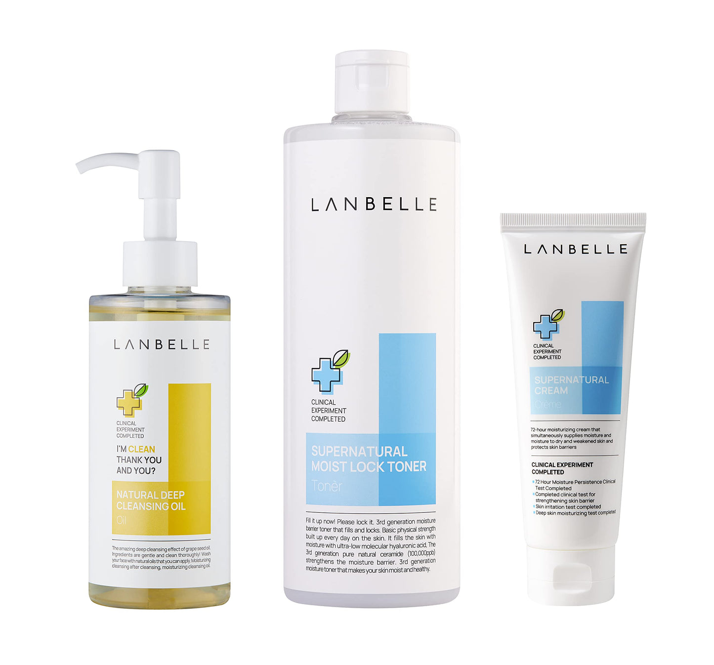 Lanbelle Deep Cleansing Oil - 6.76 Fl Oz, Supernatural Moist Lock Toner - 16.9 Fl Oz, Supernatural Cream - 2.53 Fl Oz - VEGAN Certified, For very Dry skin, 72-hour Moisturizing, Skin-barrier