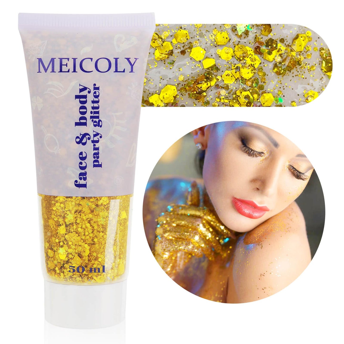 MEICOLY Gold Body Glitter,Music Festival Outfits for Women,Face Glitter Gel Festival Accessories,Chunky Glitter Face Paint,Mermaid Sequins Hair Glitter Makeup,Sparkle Body Glitter Gel for Women Kids