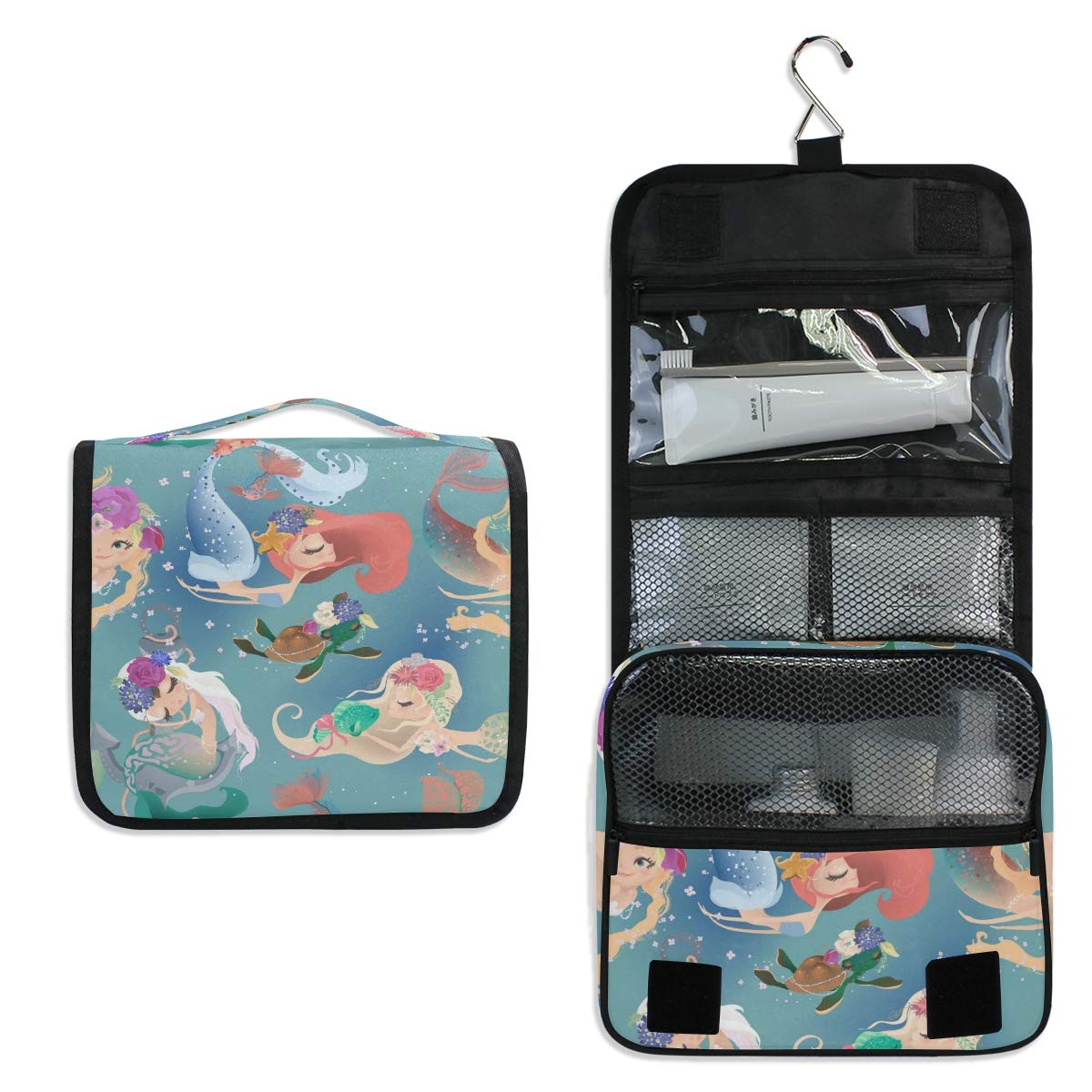 Hanging Travel Toiletry Bag Kit Makeup Case Cosmetics Organizer for Men Women (Mermaid Girls Princess)