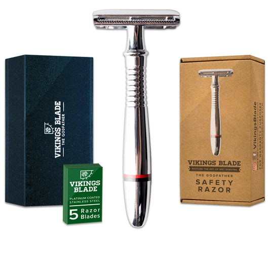 VIKINGS BLADE Double Edge Safety Razor for Men + 5 Swedish Steel Blades + Luxury Case. Classic 3-Piece. Reusable, Eco-Friendly (The Godfather)