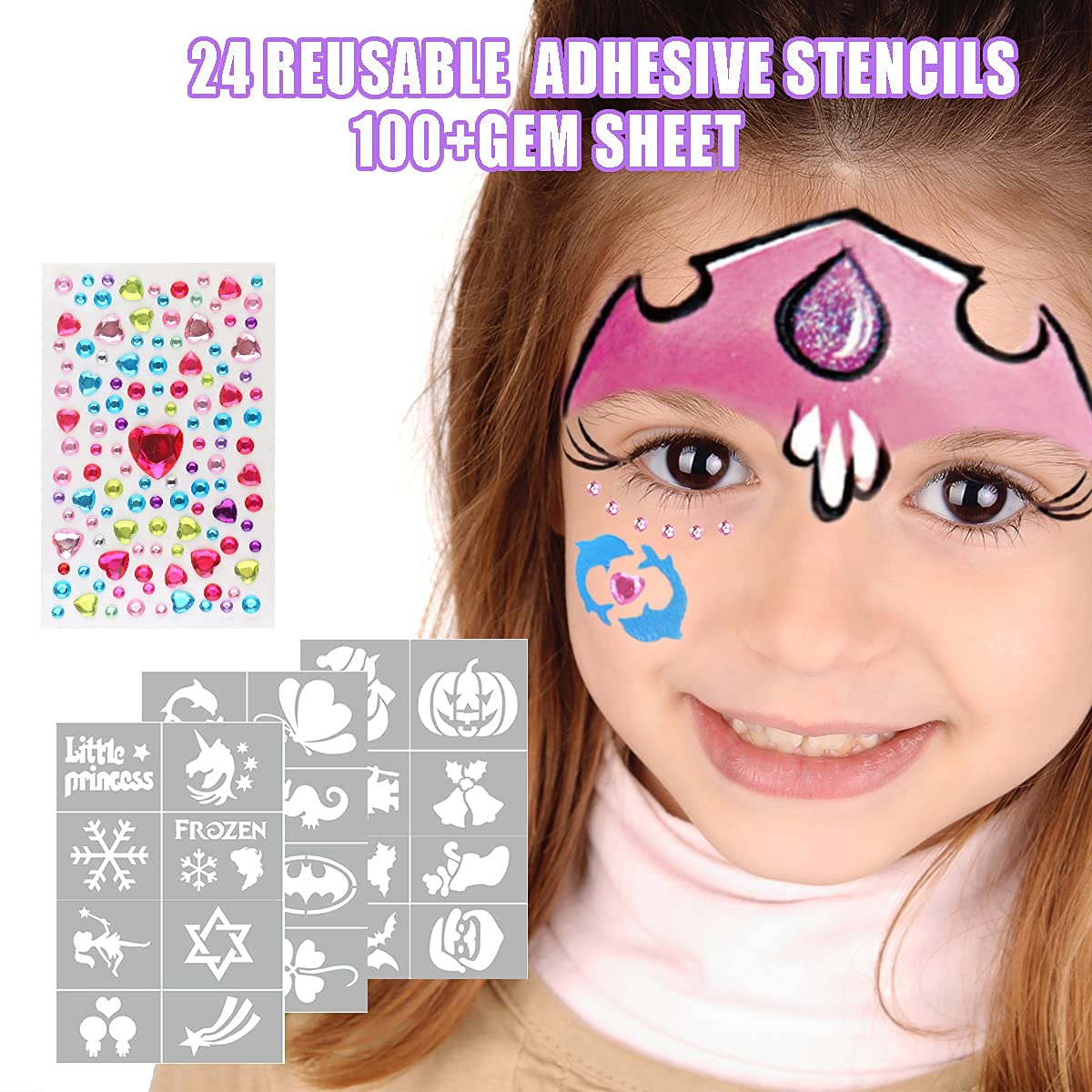 Bowitzki Face Paint kit-18 Colors, Split Cake Face Paint, Hair Chalks, Brushes, Sponges, Glitters, Gems, Reusable Stencils,Professional Non-Toxic Halloween Party Makeup Body & face Painting