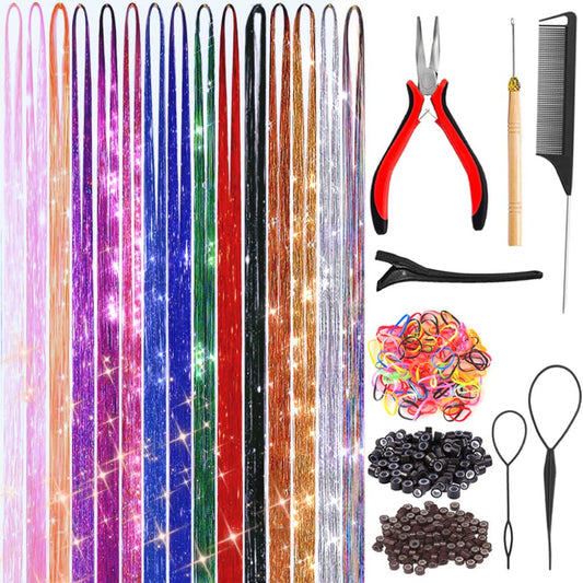 Hair Tinsel Kit - Fairy Hair Tinsel with Tools 48 Inch Hair Tinsel Heat Resistant Safe 15 Colors Glitter Tinsel Hair Extensions 4200 strands (15 Colors, 4200 Strands)