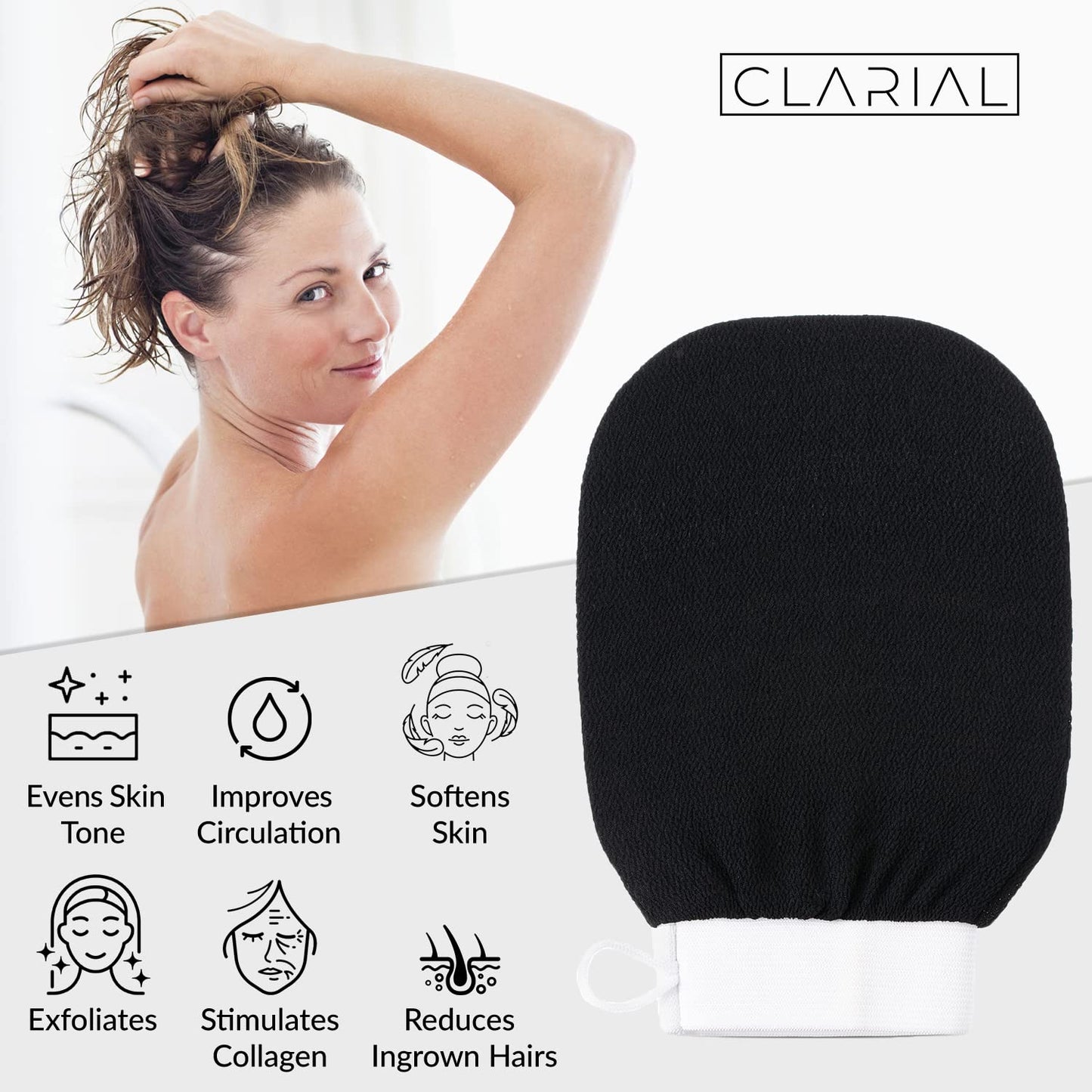 Clarial Exfoliating Body Scrub for Bath & Shower Use - Face Scrubber & Body Exfoliator for Dead Skin Remover - Korean Exfoliating Glove Shower Scrub for Men and Women - Single Black