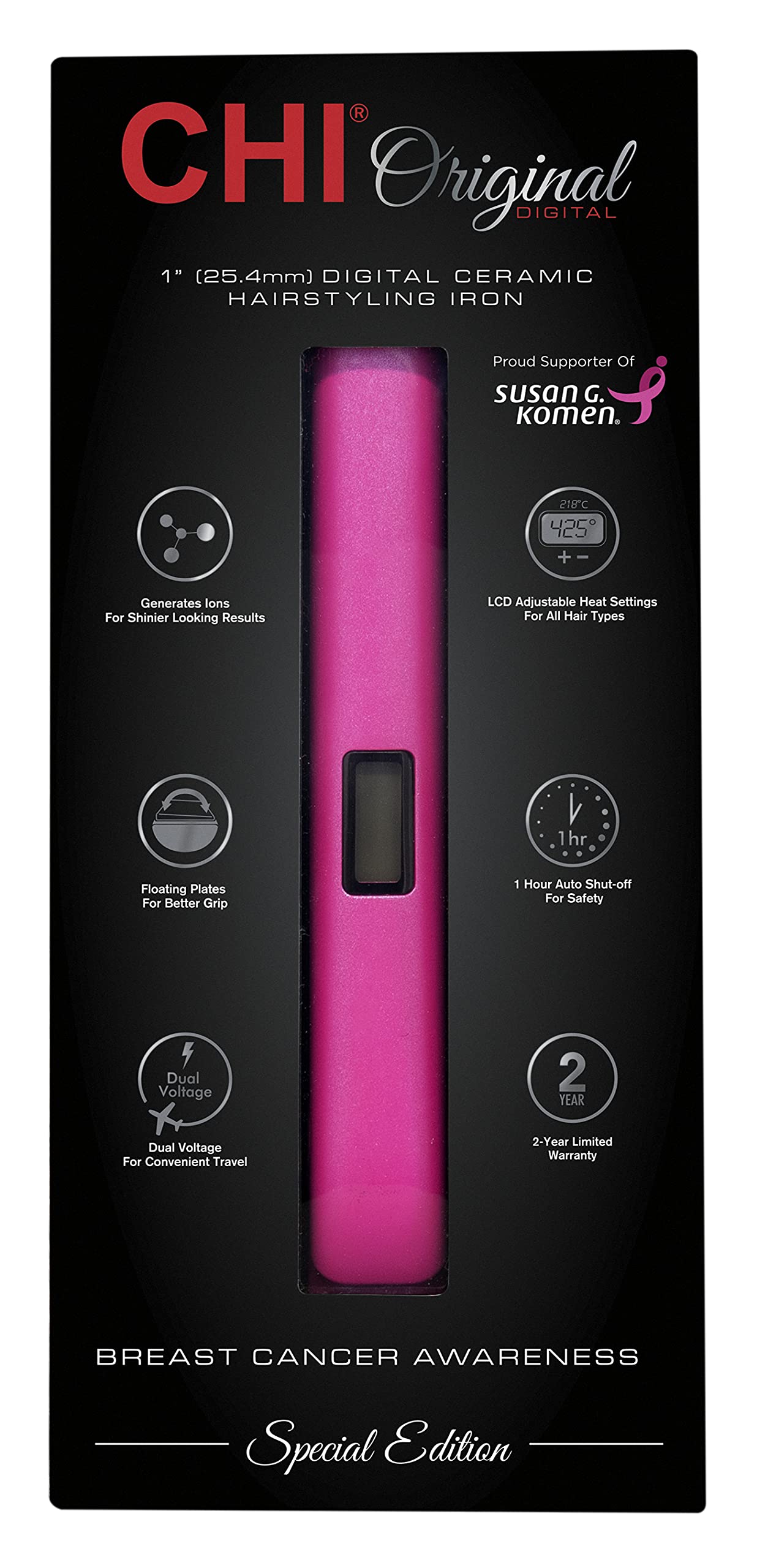 CHI 1" Original Digital Hairstyling Iron Breast Cancer Awareness and Susan G. Komen Special Edition, Pink