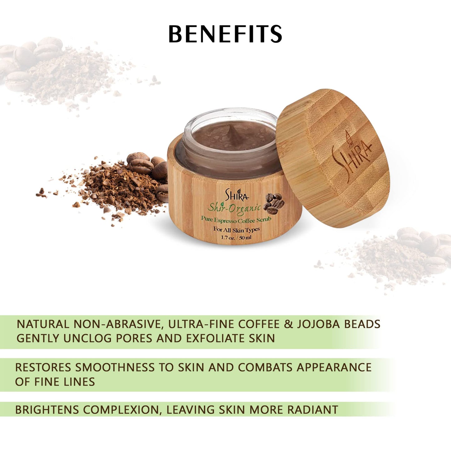 Shira-Organic Pure Espresso Coffee Scrub, Exfoliate for face, Improves Wrinkles and Fine lines, Promotes Skin Rejuvenation For Women, Men (50ML)