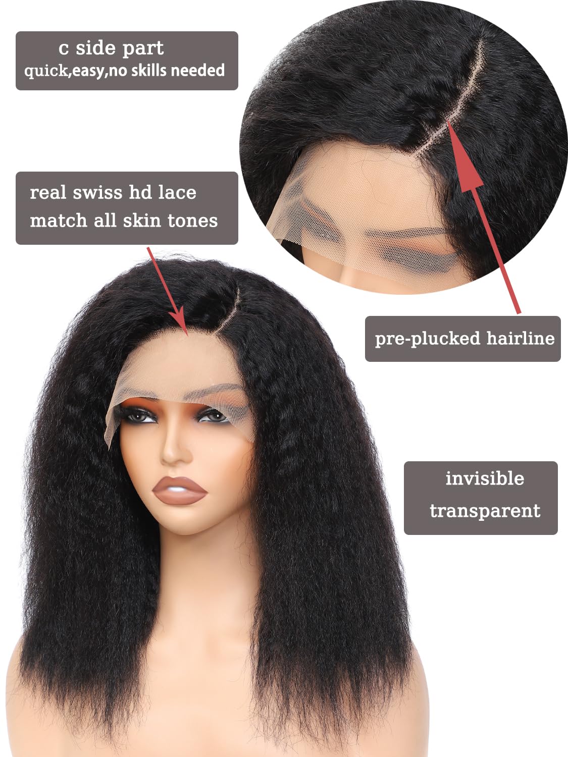 LYOLKSER kinky straight lace front wigs human hair pre plucked 180 density 100% human hair wigs yaki straight 6x4x1 c side part transparent hd glueless lace wigs for women 12 inch