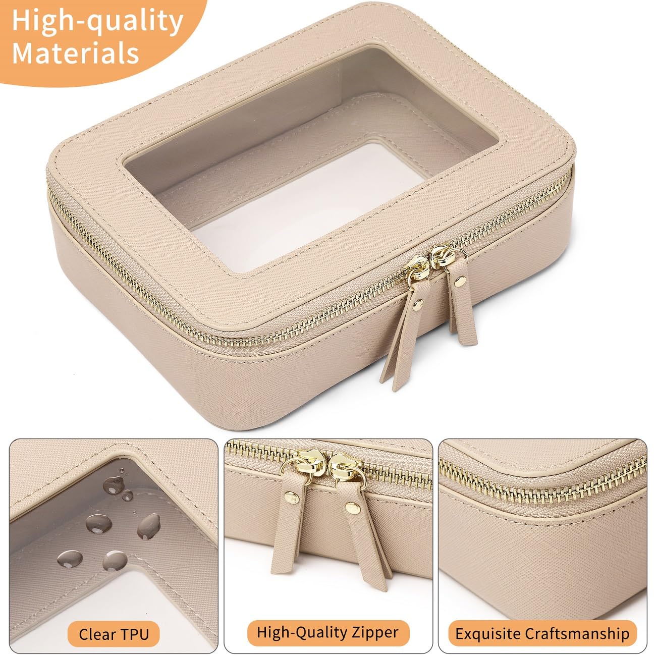 Pinkmik Clear Makeup Bag Travel Case Portable transparent Cosmetic Bag Case Clear Travel Toiletry Makeup Bag for Car with Zipper for Women (P/Beige, M)